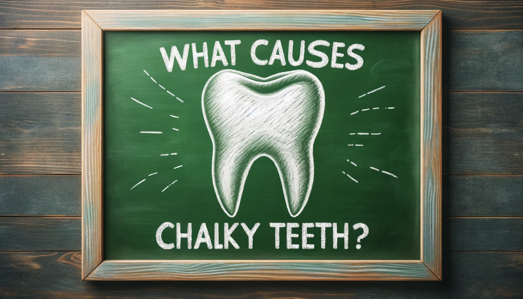 Image of a black board with "what causes chalky teeth" written on it and a drawing of a chalky tooth.